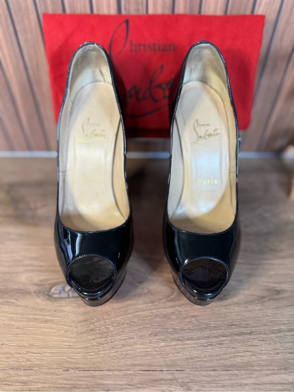 Christian Louboutin Black Patent Peep-Toe Red Bottom Platform Pumps, Size 36 - Picture 2 of 16